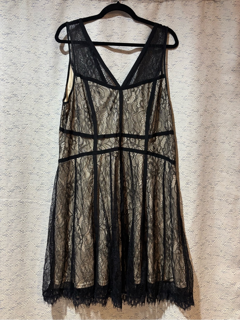 Black Lace V-Neck Skater Mini Dress with Cream Lining